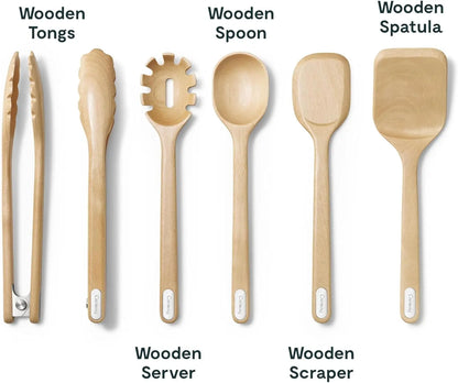 Caraway Wooden Utensil Set - 5 Piece Eco-Friendly Cooking Tools - Fsc-Certified Birch Wood - No Microplastics - Safe for Ceramic Pans - Hand Washable