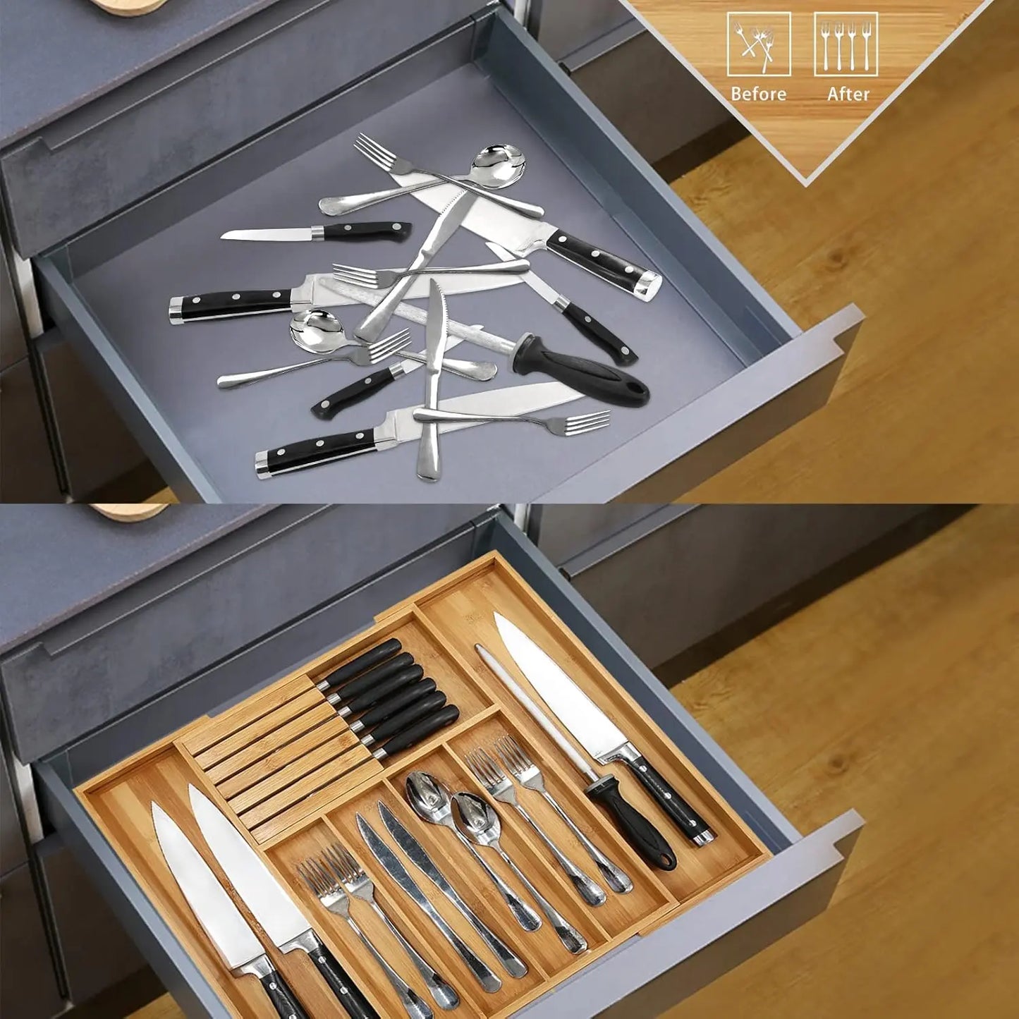 Bamboo Silverware Drawer Organizer Kitchen, Expandable Utensil Organizer with Knife Block, Cutlery Tray with Divider, Multifunctional Drawer Organizer