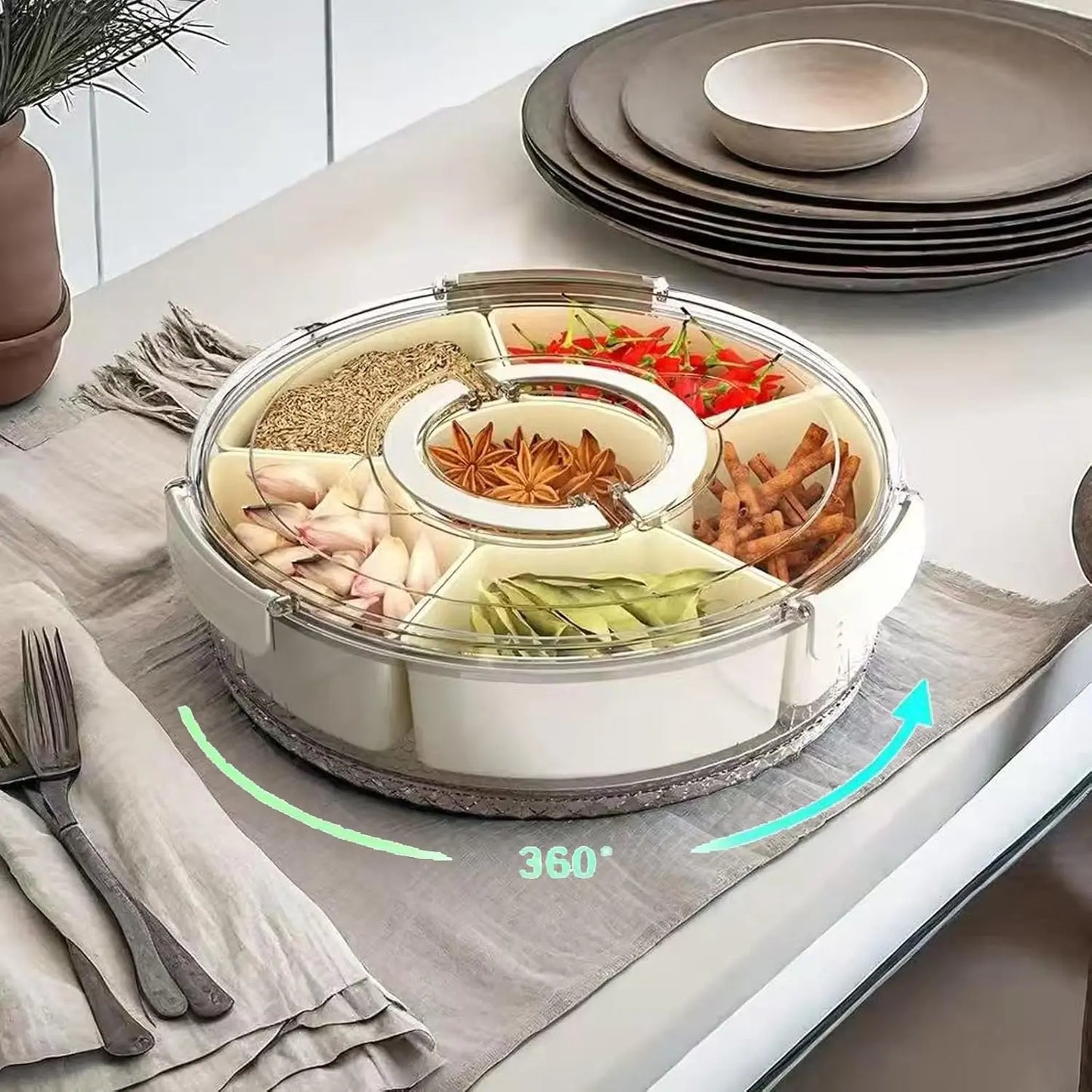 360-Degree Rotating Insulated Food Storage Container - Smooth Operation, Multiple Compartments, Portable Lid & Handle Snack Tray, Reusable for Biscuits, Ideal for Home Kitchen, Picnic