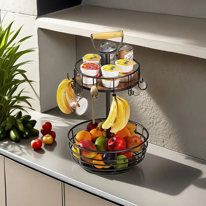 360° Double-Layer Commercial Coffee Bar Counter - Rotating Storage Rack with 8 Hooks | 22 Lbs Load Capacity, Suitable for Mugs/Condiments/Fruit | Rust-Resistant Steel Material, Ideal for Parties, Holidays, and New Year'S Gifts Shelf