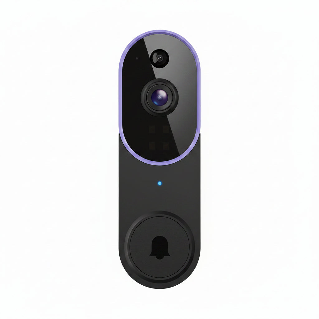 Wireless video doorbell camera with 1080P lens, AI human detection, night vision, two-way audio, and rechargeable battery — smart home security device in matte black