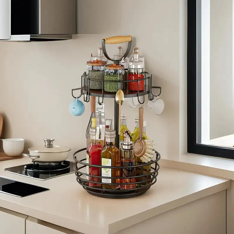 360° Double-Layer Commercial Coffee Bar Counter - Rotating Storage Rack with 8 Hooks | 22 Lbs Load Capacity, Suitable for Mugs/Condiments/Fruit | Rust-Resistant Steel Material, Ideal for Parties, Holidays, and New Year'S Gifts Shelf