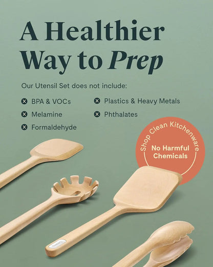 Caraway Wooden Utensil Set - 5 Piece Eco-Friendly Cooking Tools - Fsc-Certified Birch Wood - No Microplastics - Safe for Ceramic Pans - Hand Washable