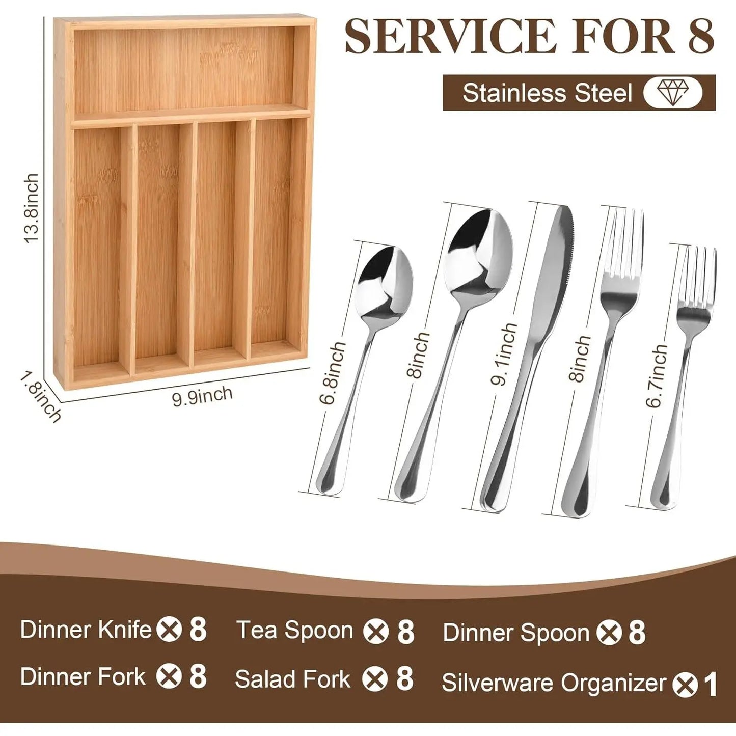 40 Count Silverware Set with Drawer Organizer for 8, Heavy Duty Stainless Steel Flatware Cutlery Set, Fork Spoon Set with Kitchen Essentials Organizer, Rust-Proof, Dishwasher Safe