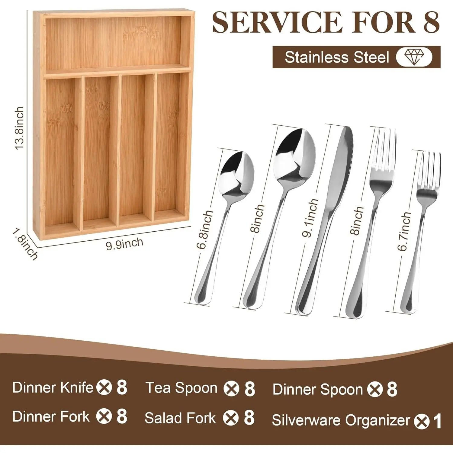 40 Count Silverware Set with Drawer Organizer for 8, Heavy Duty Stainless Steel Flatware Cutlery Set, Fork Spoon Set with Kitchen Essentials Organizer, Rust-Proof, Dishwasher Safe