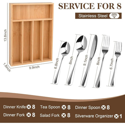 40 Count Silverware Set with Drawer Organizer for 8, Heavy Duty Stainless Steel Flatware Cutlery Set, Fork Spoon Set with Kitchen Essentials Organizer, Rust-Proof, Dishwasher Safe