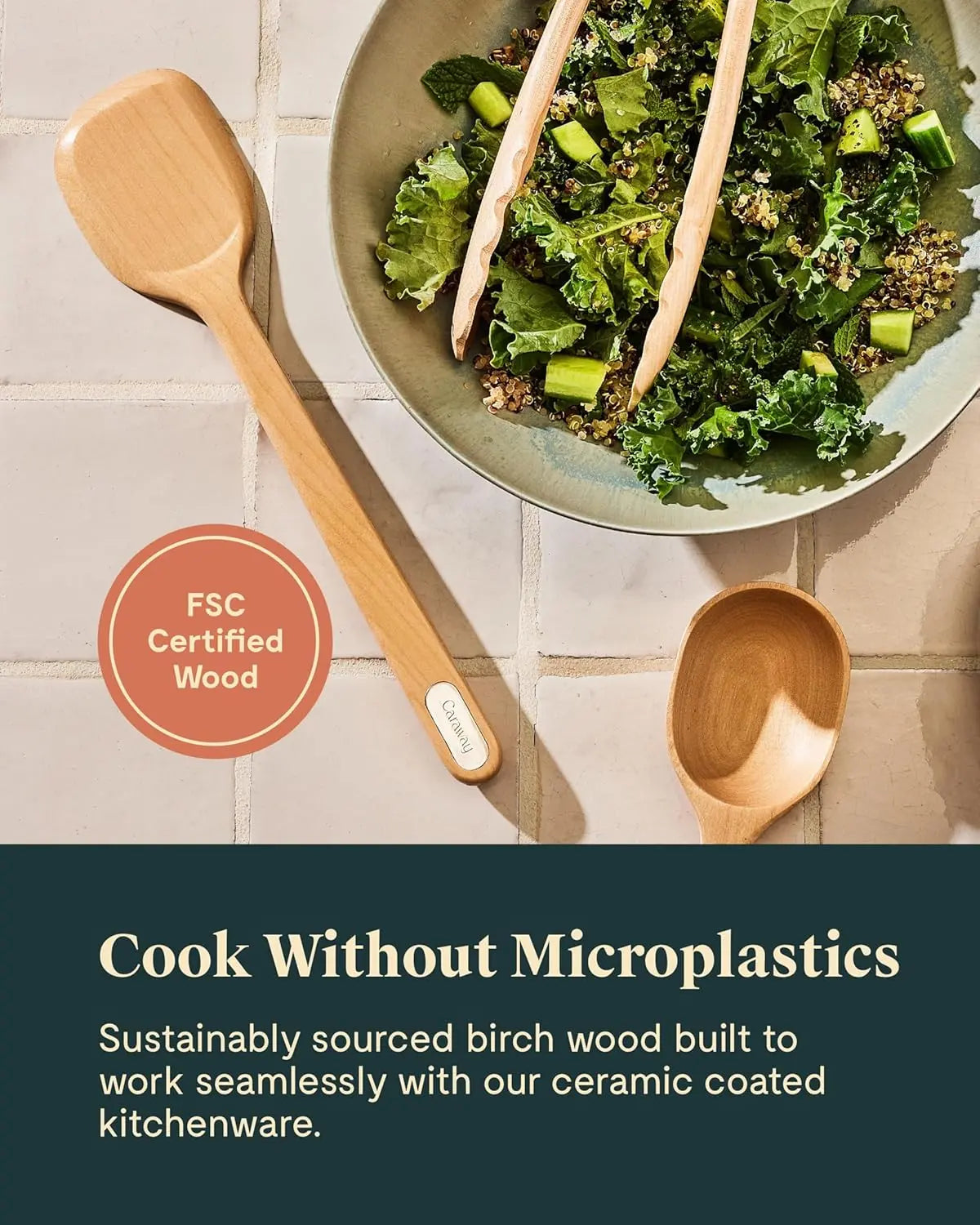 Caraway Wooden Utensil Set - 5 Piece Eco-Friendly Cooking Tools - Fsc-Certified Birch Wood - No Microplastics - Safe for Ceramic Pans - Hand Washable