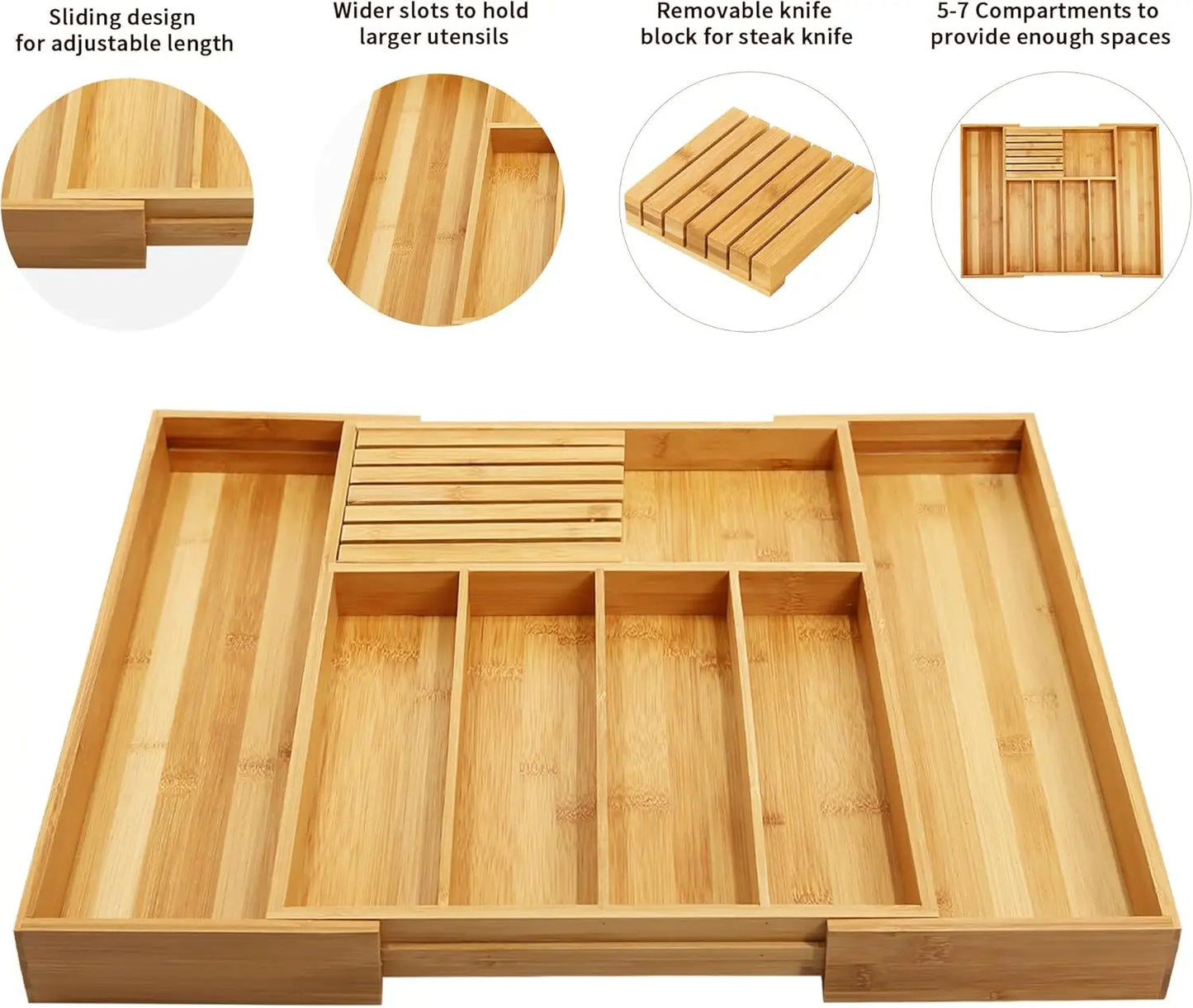 Bamboo Silverware Drawer Organizer Kitchen, Expandable Utensil Organizer with Knife Block, Cutlery Tray with Divider, Multifunctional Drawer Organizer
