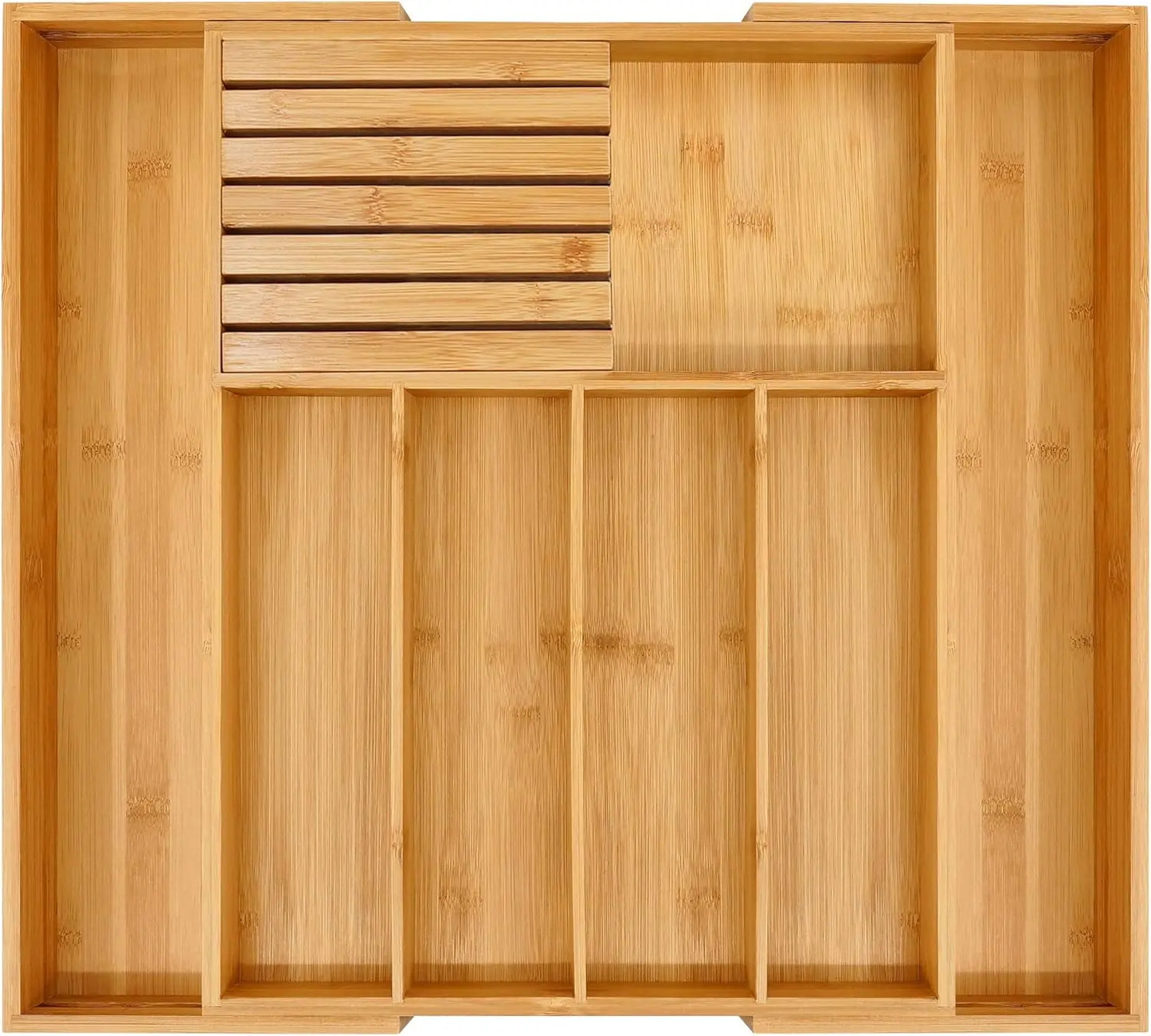 Bamboo Silverware Drawer Organizer Kitchen, Expandable Utensil Organizer with Knife Block, Cutlery Tray with Divider, Multifunctional Drawer Organizer