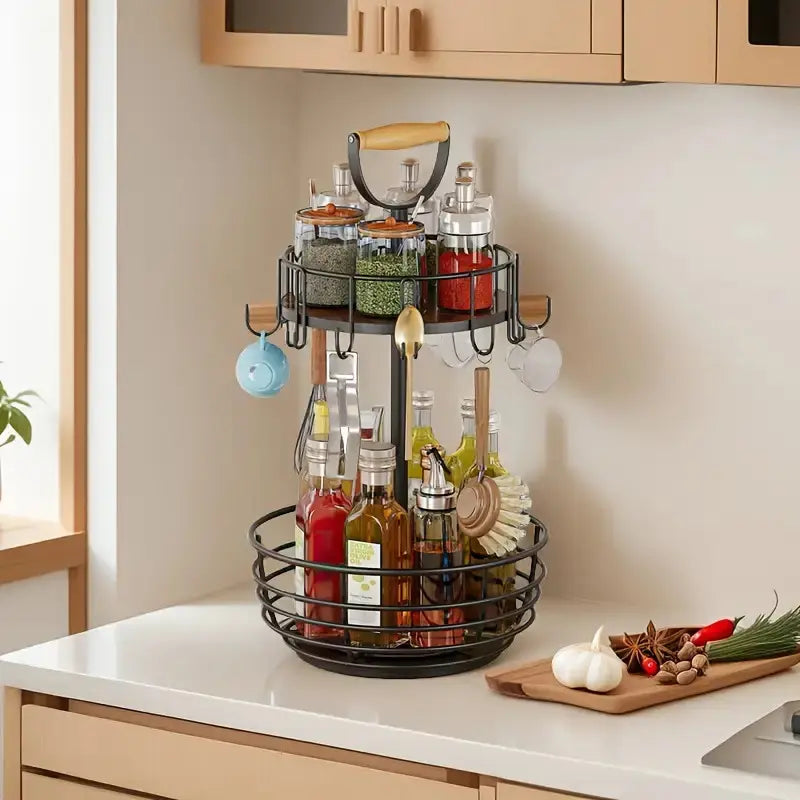 360° Double-Layer Commercial Coffee Bar Counter - Rotating Storage Rack with 8 Hooks | 22 Lbs Load Capacity, Suitable for Mugs/Condiments/Fruit | Rust-Resistant Steel Material, Ideal for Parties, Holidays, and New Year'S Gifts Shelf