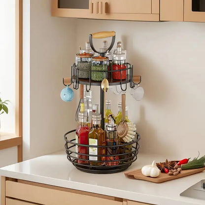 360° Double-Layer Commercial Coffee Bar Counter - Rotating Storage Rack with 8 Hooks | 22 Lbs Load Capacity, Suitable for Mugs/Condiments/Fruit | Rust-Resistant Steel Material, Ideal for Parties, Holidays, and New Year'S Gifts Shelf