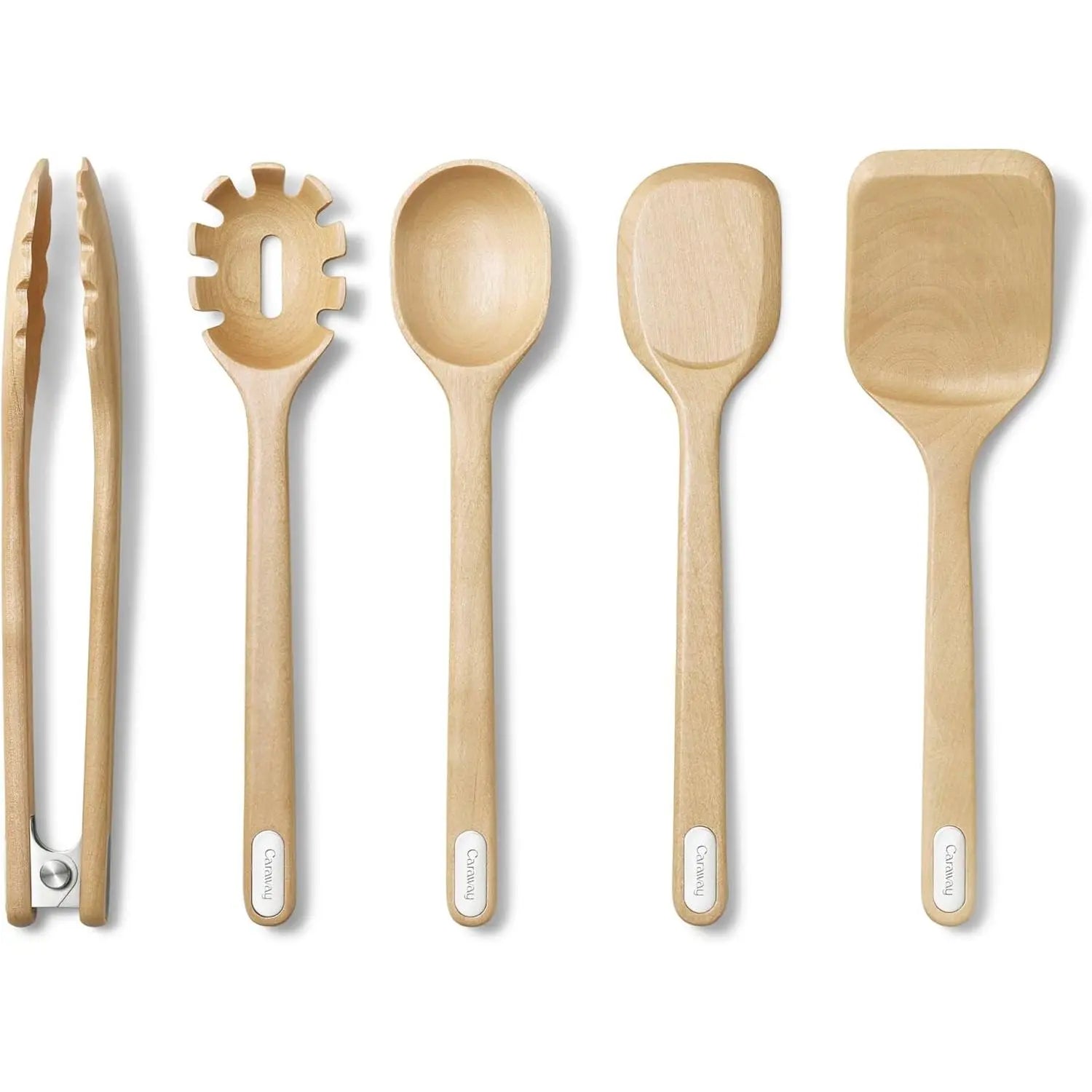 Caraway Wooden Utensil Set - 5 Piece Eco-Friendly Cooking Tools - Fsc-Certified Birch Wood - No Microplastics - Safe for Ceramic Pans - Hand Washable