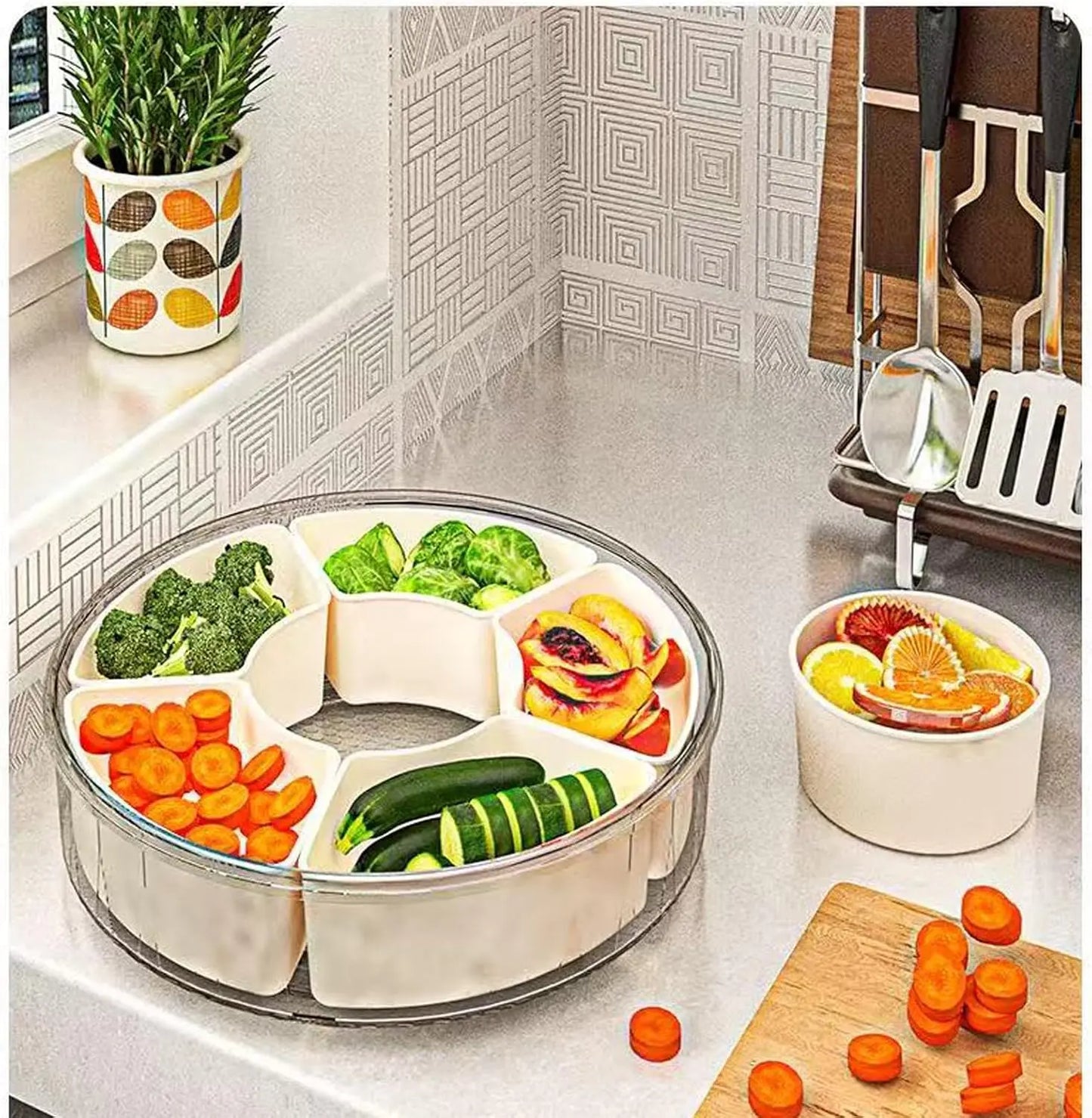 360-Degree Rotating Insulated Food Storage Container - Smooth Operation, Multiple Compartments, Portable Lid & Handle Snack Tray, Reusable for Biscuits, Ideal for Home Kitchen, Picnic